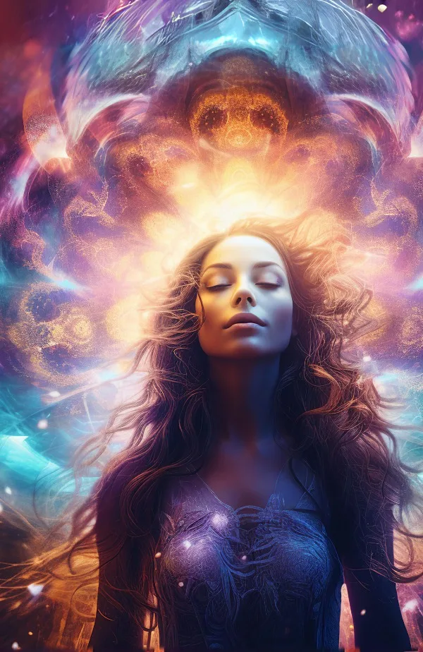 A woman with eyes closed, glowing with cosmic light